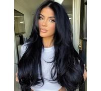 Joedir 13x4 Lace Frontal Wigs for Black Women 28 Inches Long Straight Free Parting Silk Base Lace Front Wigs with Baby Hair High Temperature Layered Synthetic Hair for Women 180% Density (Jet Black)