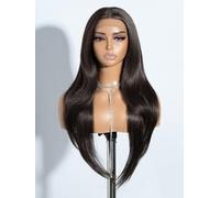 Joedir 13x4 Lace Frontal Wigs for Black Women 28 Inches Long Straight Free Parting Silk Base Lace Front Wigs with Baby Hair High Temperature Layered Synthetic Wigs for Women Dark Brown