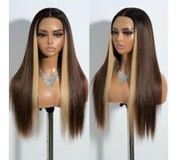 Joedir 13x4x4 Lace Frontal Wig Long Straight Free Parting Silk Base Lace Wigs 26 Inches Highligts Brown Straight Wig Synthetic Lace Front Wigs for Women Daily Party Wear