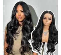 Joedir 13X6 HD Lace Front Wig Black Long Wavy Wig with Layered Curtain Bangs 26 Inch Face Framing Lace Pre Plucked Synthetic Wigs for Women