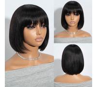 Joedir Black Bob Wig Human Hair Straight Bob Wig with Bangs 8 Inch Brazilian Short Human Hair None Lace Front Glueless Wigs for Women
