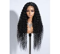 Joedir Black Wigs for Women Long Deep Curly Wavy Lace Front Synthetic Wigs Glueless Lace Wig 30 Inch Middle Part Natural Looking Heat Resistant Fiber Wig for Daily Party Use