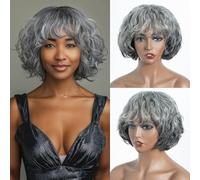 JOEDIR HAIR Grey Wavy Wigs - Human Hair with Bangs, Short Curly Bangs, Glueless Pixie Cut, Salt and Pepper, Old Lady Wig