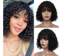 JOEDIR HAIR Short Curly Wig with Bangs 10 inch Water Wave Human Hair Wig for Black Women Jerry Curl Bob Wig 150% Density Non Lace Front Glueless Wig Natural Black
