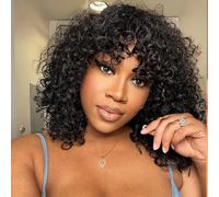 JOEDIR HAIR Short Curly Wig with Bangs 14 inch Water Wave Human Hair Wig for Black Women Jerry Curl Bob Wig 150% Density Non Lace Front Glueless Wig Natural Black