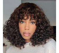 JOEDIR HAIR Short Curly Wig with Bangs Human Hair Wig for Black Women 12 inch Chocolate Brown Water Wave Jerry Curl Bob Wig 150% Density Non Lace Front Glueless Wig (Color: #2 Dark Brown)