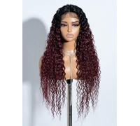 Joedir Long Deep Curly Wavy Lace Front Synthetic Wigs for Women Glueless Lace Wig 30 Inch Middle Part Natural Looking Heat Resistant Fiber Wig for Daily Party Use Ombre Wine Red
