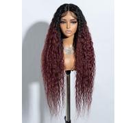Joedir Long Deep Curly Wavy Wig Pre Plucked Synthetic Lace Front Wig HD Transparent Glueless Lace Wig Heat Resistant Fiber Pre Plucked Hairline with Baby Hair for Women Ombre Wine Red
