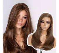 Joedir Long layered Straight Wigs with Curtain Bangs Layered Cut C-Side Part Straight Glueless Wig Synthetic Lace Front Wigs for Woman 18 Inches
