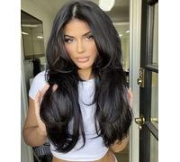 Joedir Long Layered Wig With Curtain Bangs Deep Part Lace Front Wigs for Women 26 Inch Middle Part Black Wig Heat Resistant Synthetic Wigs for Daily Party Use