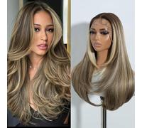 Joedir Long Straight Mixed Brown Wig with Curtain Bangs Layered Cut Wigs for Women Heat-Resistant Synthetic Hair Wigs for Daily Party Use