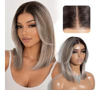 Joedir Pre Cut T-Lace Front Synthetic Bob Wig Pre-Plucked Natural Hairline Glueless Straight Black Bob Wig with Curtain Bangs 12 inches Ready To Wear Synthetic Lace Wig