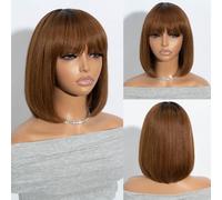 Joedir Short Human Hair Wig with Bangs Bob Wigs for Black Women 10 Inches Straight Bob Wig Human Hair Brown Glueless Wigs for Women