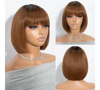 Joedir Short Human Hair Wig with Bangs Bob Wigs for Black Women 8 Inches Straight Bob Wig Human Hair Brown Glueless Wigs for Women