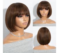 Joedir Short Human Hair Wig with Bangs Straight Bob Wigs for Women Highlights Brown Bob Wig Human Hair 8 Inches Straight None Lace Front Glueless Wigs for Daily Wear
