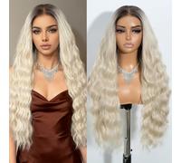 Joedir Wear and Go Glueless Wigs Pre Plucked Pre Cut 13×4 Lace Frontal Wig Long Wavy Free Part Wig High Temperature Synthetic Wigs for Women 30 Inches Ombre Blonde