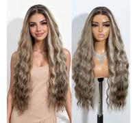 Joedir Wear and Go Glueless Wigs Pre Plucked Pre Cut 13×4 Lace Frontal Wig Long Wavy Free Part Wig High Temperature Synthetic Wigs for Women 30 Inches Highlights