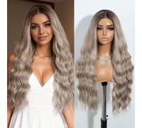 Joedir Wear and Go Glueless Wigs with Dark Roots Pre Plucked Pre Cut 13×4 Lace Frontal Wig Long Wavy Free Part Wig High Temperature Synthetic Wigs for Women 30 Inches