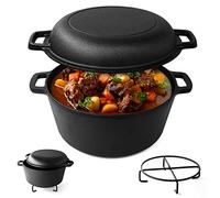 Joejis Dutch Oven 4.7L Pre-Seasoned Cast Iron Pot with 1.75L Multiuse Lid Suitable for Oven & All Hob Types - 2 in 1 Cast Iron Dutch Oven Pot for Bread Making Braising Meat Simmering Stew & More