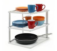 joeji's Kitchen 3 Tier No-Wobble Plate Rack for Kitchen Cupboard Storage - Corner Plate Rack Cupboard Shelf Organiser 25x25x19cm - White