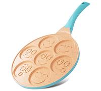 Joeji's Kitchen 7 Hole Pancake Pan 26cm - Smiley Faces Mold - Non Stick and Induction Suitable - Lightweight Cast Aluminium - Mini Pancakes - Fun Kids Breakfast - Blue