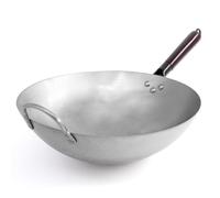joeji's Kitchen Carbon Steel Wok 34.5cm - Round Bottom - Detachable Wood Handle - Traditional Hand Hammered Style - Commercial Grade - Heavy Sturdy Chinese Frying Pan Wok - Perfect for Asian Dishes