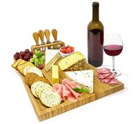 joeji's Kitchen Cheese Board Platter Set - Natural Wood Bamboo - Gift Set with Knives & Holder - Charcuterie Platter