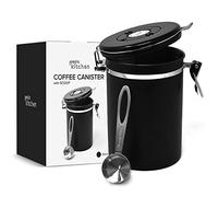 joeji's Kitchen Coffee Beans Storage Container Jar - 1800ml Stainless Steel Coffee Canister and Measuring Scoop & Date Dial - Keeps Coffee Grounds Fresh and Air Tight - Black