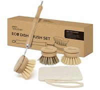 Joeji's Kitchen Eco Bamboo Dish Brush Set - Pot Scrubbing Dish Brush Scourer Sponge with Interchangeable Heads and Loofah Dish Sponge For Plastic Free Cleaning - Scrub Away Tough Stains on Pots & Pans
