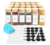 joeji's Kitchen Glass Spice Jars with Bamboo Lids and Labels - 24 Piece Set 120ml - Includes 90 Labels, Sieves, Funnel & Brush - Spice Rack Organiser for Kitchen Drawers & Cabinets