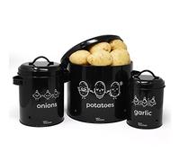 joeji's Kitchen Onion and Potato Storage Set of 3, Metal Food Bin Container Pots with Lid with 360° Air Circulation Keeps Vegetables Fresh Longer - Vegetable storage & Garlic storage Pot - Black