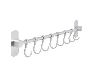 joeji's Kitchen Utensil Rack 40cm - Aluminium Kitchen Rail with 8 Hanging Hooks - Wall Mount Strong 3M Self Adhesive - No Drill Space-Saving Tool Holder - Silver