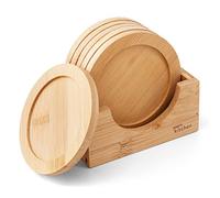 Joeji's Kitchen Set of 6 Wooden Coasters with Holder - 9cm Bamboo Coasters Heat & Water Resistant Drink Coasters to Prevent Burns or Water Rings