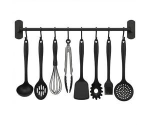 joeji's Utensil Kitchen Rail 40cm 8 Hooks - Wall Mounted No Drill, Black | Kitchen Utensils Holder, Utensil Hook Rail Black, Ladle Hanging Rack, Tea Towel Bar Hooks, Tool Rail Adhesive