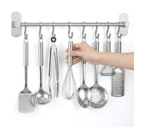 joeji's Kitchen Utensil Rack 40cm - Aluminium Kitchen Rail with 8 Hanging Hooks - Wall Mount Strong 3M Self Adhesive - No Drill Space-Saving Tool Holder - Silver