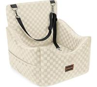 JOEJOY Elevated Dog Car Seat for Small/Medium Dogs up to 35 lbs, Memory Foam Booster Seat with Detachable Washable Cover, Travel-Safe Car Bed with Safety Belts & Storage Pockets, Beige