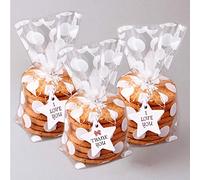 JOERSH 200 Pack 8.1" x 5" Bottom Gusset Clear Plastic Cookie Bags with Ties, White Polka Dots Pattern Small Candy Bags Treat Bags for Muffin Bakery Packaging