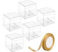 JOERSH 30pcs 3x3x3 Inches Clear Favor Boxes with Gold Ribbon, Transparent Plastic Cube Party Favor Treat Boxes for Candy, Cookies, Cupcakes & Hot Cocoa Bomb Packaging