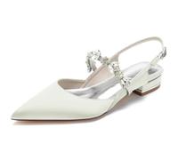 JOEupin Women's Pointed Toe Crystal Wedding Flats for Bride Satin Wedding Shoes Sling Back Bridal Flats Evening Prom Party Shoes Ivory