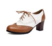 JOEUSTY Women's Classic Round Toe Lace Up Oxford Pumps Chunky Block High Heels Vintage Brogues Dress Shoes, White/Tan, 7 UK
