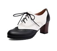 JOEUSTY Women's Classic Round Toe Lace Up Oxford Pumps Chunky Block High Heels Vintage Brogues Dress Shoes, White/Black, 4.5 UK