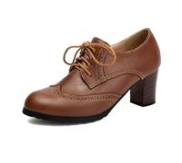JOEUSTY Women's Classic Round Toe Lace Up Oxford Pumps Chunky Block High Heels Vintage Brogues Dress Shoes, Brown, 8.5 UK