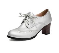 JOEUSTY Women's Classic Round Toe Lace Up Oxford Pumps Chunky Block High Heels Vintage Brogues Dress Shoes, Silver, 6 UK