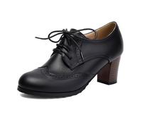 JOEUSTY Women's Classic Round Toe Lace Up Oxford Pumps Chunky Block High Heels Vintage Brogues Dress Shoes, Black, 4.5 UK