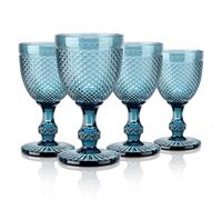 Joeyan 270ml Blue Vintage Wine Glasses,Colored Embossed Glass Goblets,Stemmed Drinking Glasses Cups with Diamond Design,Glassware Set for Wedding Party Bar,Set of 4,Dishwasher Safe