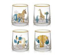 Joeyan 270ml Creative Drinking Glasses with African Animal Patterns - Set of 4 Gold Rimmed Decal Water Glasses - Novelty Whiskey Tumblers for Wine, Cocktail, Rum, Liquor and Beverages
