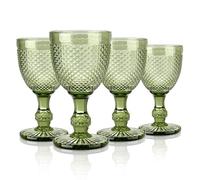 Joeyan 270ml Green Vintage Wine Glasses,Colored Embossed Glass Goblets,Stemmed Drinking Glasses Cups with Diamond Design,Glassware Set for Wedding Party Bar,Set of 4,Dishwasher Safe
