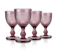 Joeyan 270ml Purple Vintage Wine Glasses,Colored Embossed Glass Goblets,Stemmed Drinking Glasses Cups with Diamond Design,Glassware Set for Wedding Party Bar,Set of 4,Dishwasher Safe