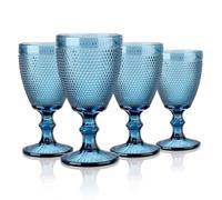 Joeyan 300ml Blue Coloured Chunky Goblet Wine Glasses Set of 4 with Embossed Bead Design, Thick Heavy Sturdy Vintage Stemmed Glassware for Home Kitchen Party Bar, Dishwasher Safe