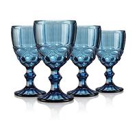 Joeyan 300ml Blue Vintage Glass Wine Goblet,Heavy Stemmed Wine Glasses Set of 4,Romantic Embossed Drinking Glasses for Easter Party Wedding Table Decoration, Dishwaher Safe